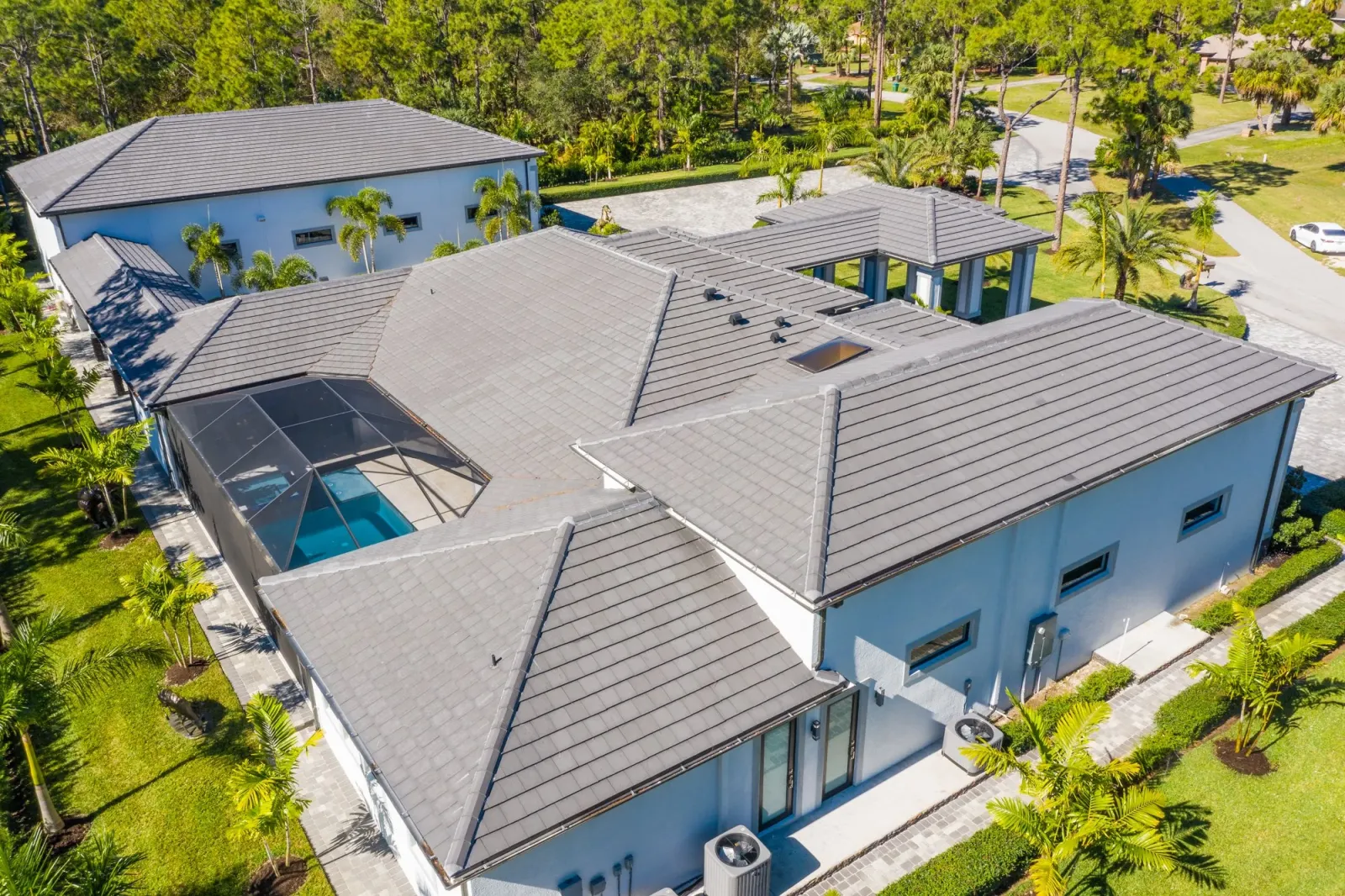 Gray tile roof, aerial view