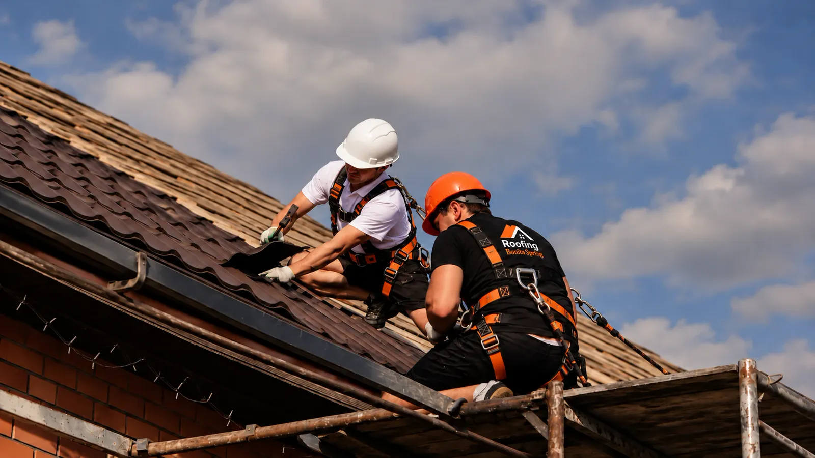 Roofing crew in safety harnesses installing tiles on a roof